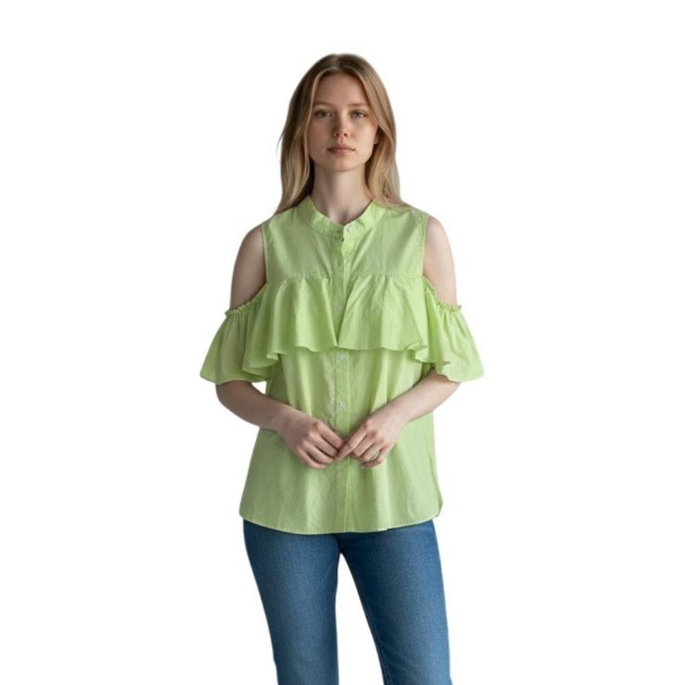 Vince Camuto Lime Green Cold Shoulder Ruffle Blouse Petite Medium NWT